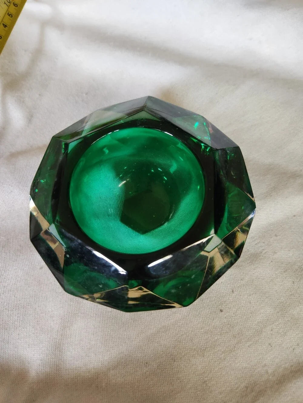 Vintage Emerald Green Faceted Glass Candle Holder Trinket Dish Gemstone Ash Tray